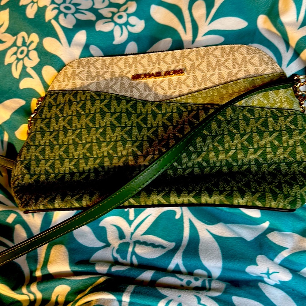 Michael Kors crossbody purse, green and grey with gold hardware.